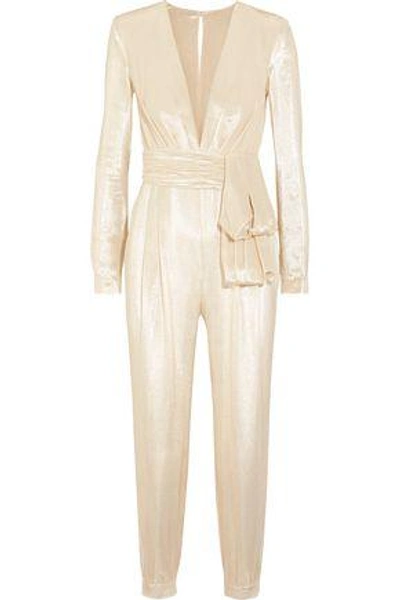 Shop Zuhair Murad Tie-front Metallic Silk-blend Jumpsuit In Platinum