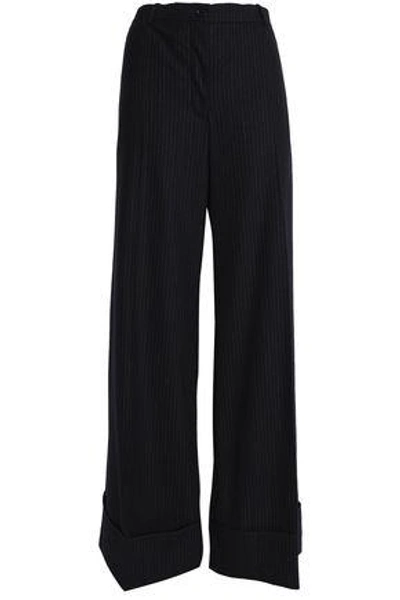Shop Nina Ricci Woman Pinstriped Brushed Wool-blend Wide-leg Pants Navy