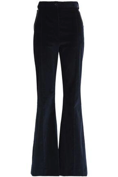 Shop Nina Ricci Woman Leather-trimmed Cotton-blend Corduroy Flared Pants Navy