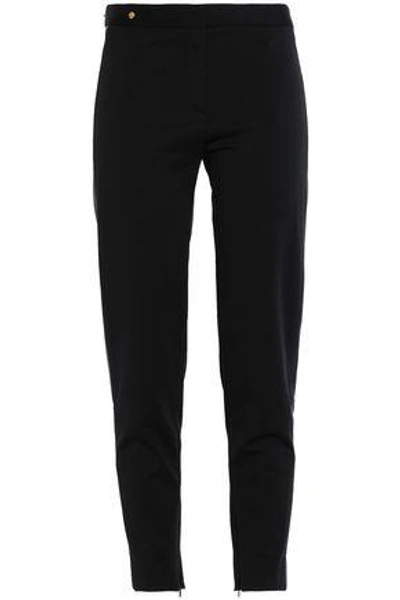 Shop Versace Woman Leather-trimmed Stretch-crepe Skinny Pants Black