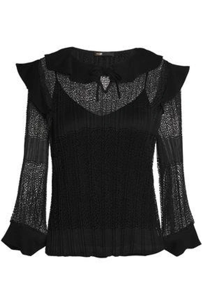 Shop Maje Ruffle-trimmed Crepe, Tulle And Lace Blouse In Black