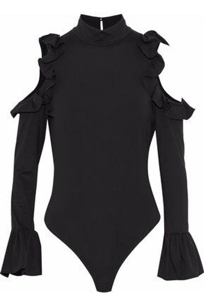 Shop Cinq À Sept Woman Portia Cold-shoulder Ruffled Stretch-cotton Jersey Bodysuit Black
