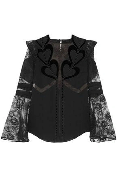 Shop Elie Saab Woman Embroidered Point D'esprit-paneled Velvet-trimmed Chiffon Blouse Black