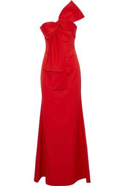 Shop Sachin & Babi Emmeline One-shoulder Bow-embellished Satin-faille Gown In Red