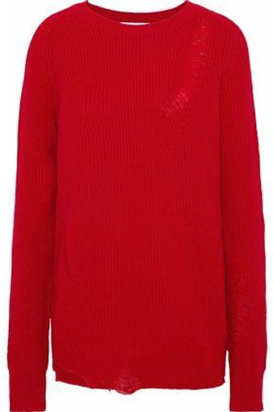 Shop Helmut Lang Distressed Wool And Cashmere-blend Sweater In Red