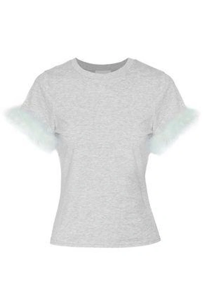 Shop Cinq À Sept Woman Zoie Feather-trimmed Stretch-cotton Jersey T-shirt Gray