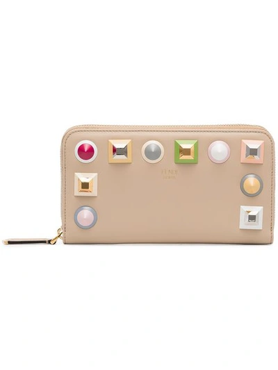 Shop Fendi Nude Zip Around Studded Leather Wallet - Nude & Neutrals