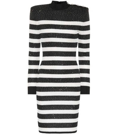 Shop Balmain Sequined Striped Dress In Black