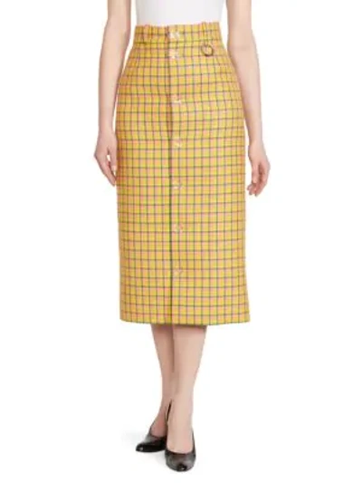 Shop Balenciaga Plaid Wool Midi Pencil Skirt In Yellow