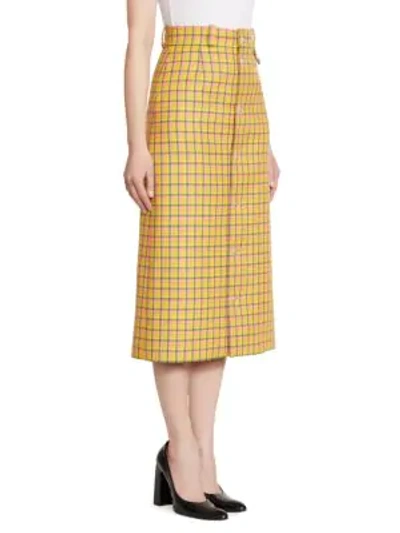 Shop Balenciaga Plaid Wool Midi Pencil Skirt In Yellow