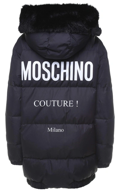 Shop Moschino Logo-print Faux Fur-trimmed Nylon Hooded Puffer Jacket In Nero