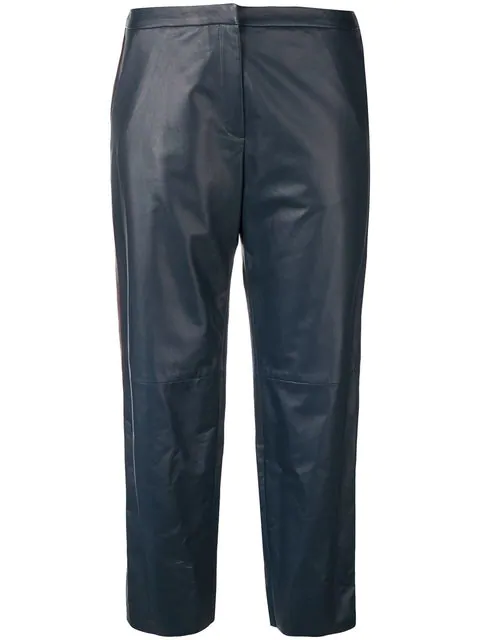 navy blue leather trousers