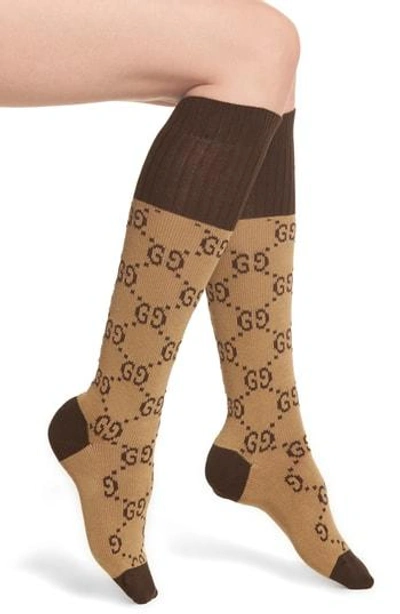 Shop Gucci Gg Knee Socks In Beige/ Dark Brown