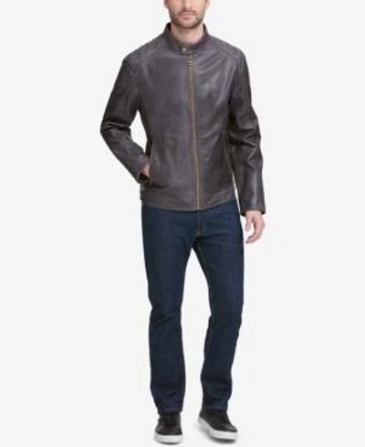 Shop Cole Haan Washed Leather Moto Jacket In Grey