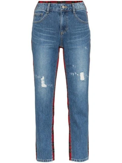 Shop Sjyp Denim And Tartan Straight-leg Jeans - Blue