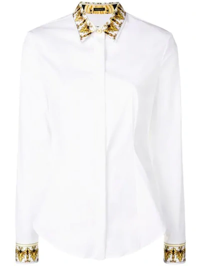 Shop Versace Fitted Shirt With Patterned Collar And Cuffs - White