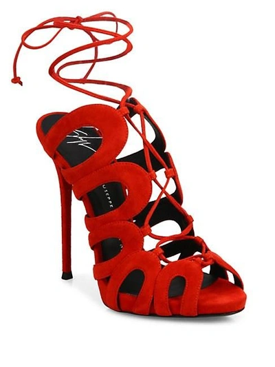 Shop Giuseppe Zanotti Cutout Suede Lace-up Sandals In Red