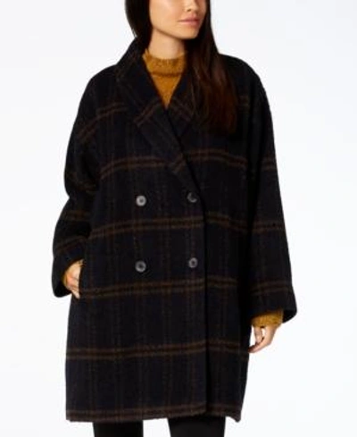 Shop Eileen Fisher Plaid Alpaca Blend Shawl-collar Coat In Midnight
