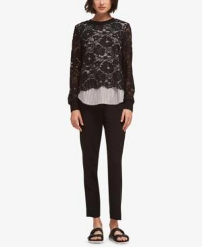 Shop Dkny Layered-look Lace Striped Top, Created For Macy's In Black Combo