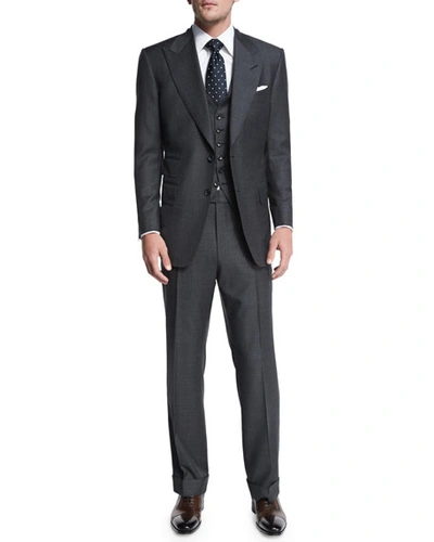 Shop Tom Ford Windsor Base Sharkskin Three-piece Suit, Charcoal