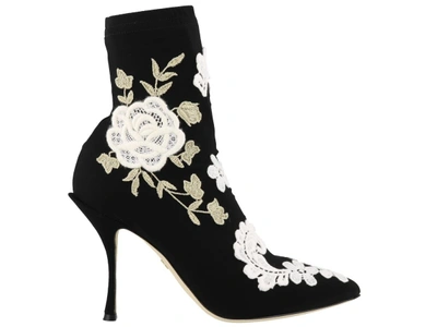 Shop Dolce & Gabbana Embroidered Ankle Boots In Balck/white