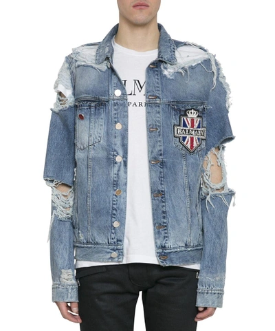 Shop Balmain Indigo Destroyed Denim Jacket In Blu