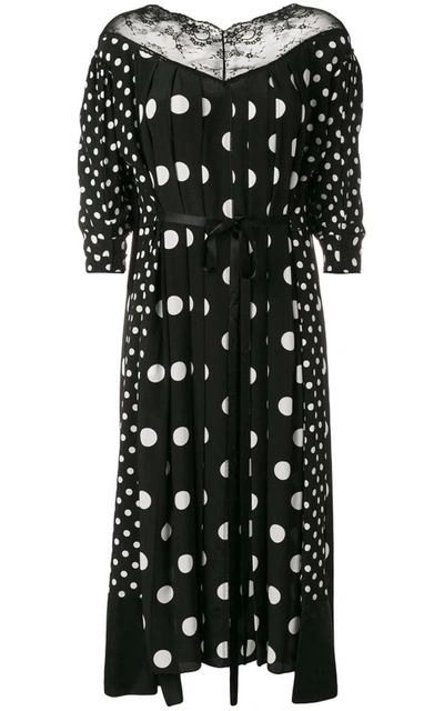 Shop Marc Jacobs Lace-trimmed Pleated Polka-dot Crepe-de-chine Midi Dress In Nero