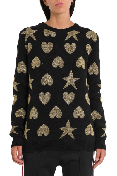 Shop Gucci Heart And Stars Intarsia Pullover In Nero/oro