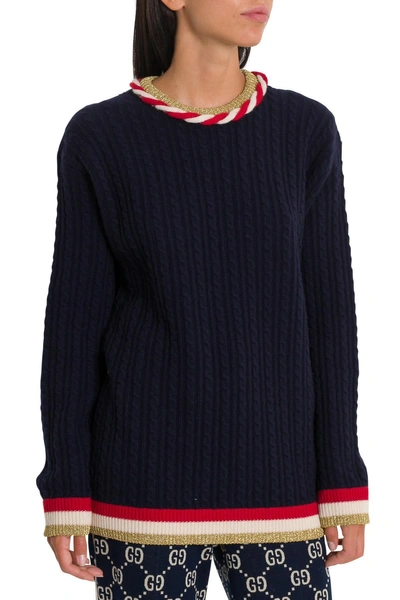 Shop Gucci Wool And Cashmere Pullover With Contrasting Details In Blu