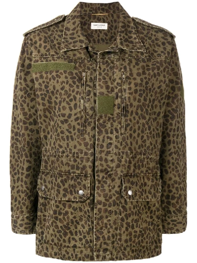 Shop Saint Laurent Leopard Print Jacket In Green