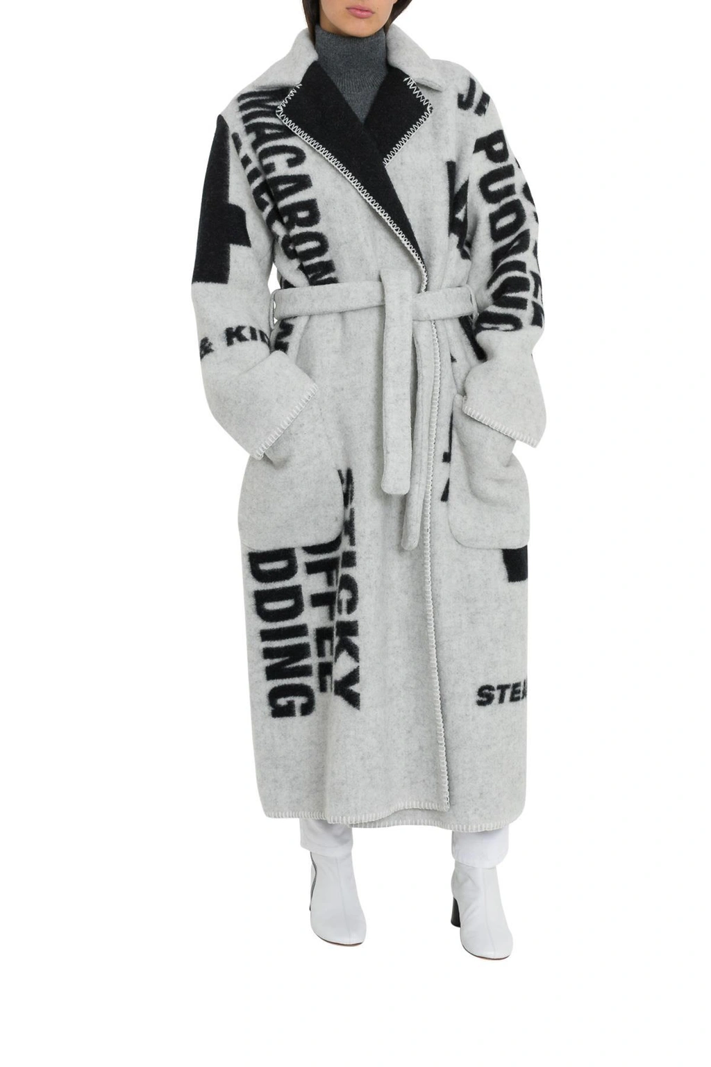 Celine Wool Blanket Belted Coat With All over Lettering In Nero bianco ModeSens