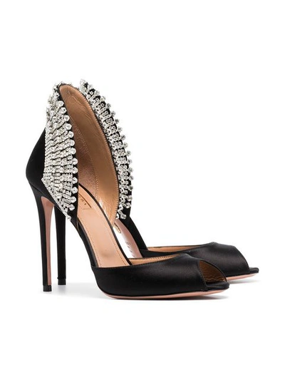 Shop Aquazzura Black Crystal Embellished 105 Satin Pumps