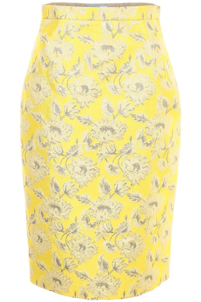 Shop Prada Twill Lining Floral Pencil Skirt In Yellow