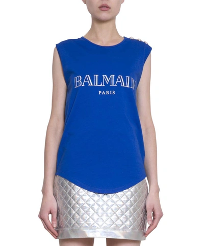 Shop Balmain Logo Cotton Top In Blu