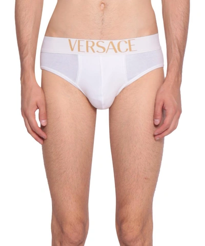 Shop Versace Logo Cotton Jersey Briefs In Bianco