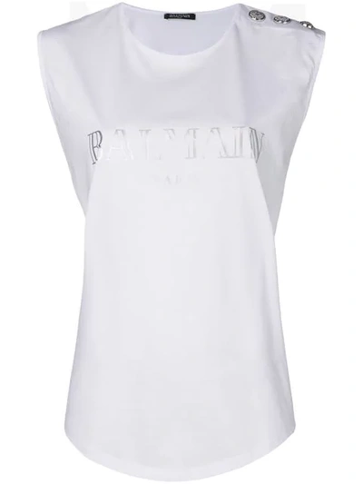 Shop Balmain Logo Vest Top In White