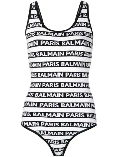 Shop Balmain Logo Striped One-piece In White