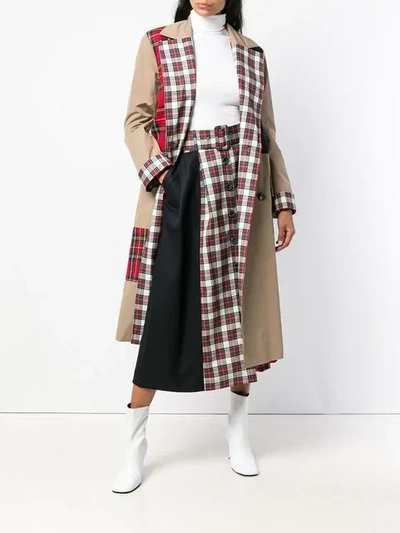 Shop Isa Arfen Check Mix Trench Coat In Stone/white/charcoal/red