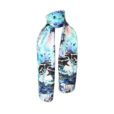 Cassandra Hone Frogs & Feathers Aqua Skinny Scarf