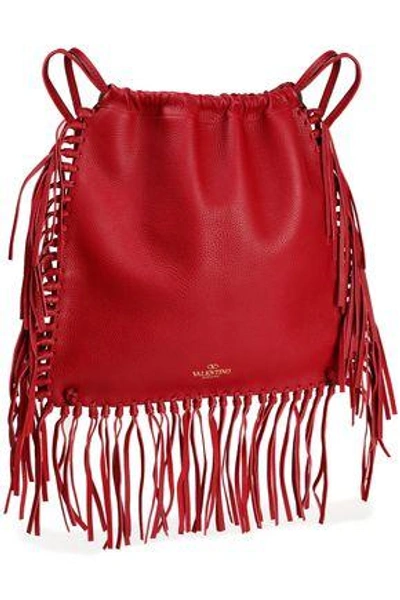 Shop Valentino Woman Fringed Textured-leather Backpack Crimson