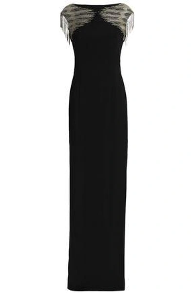 Shop Amanda Wakeley Fringed Embellished Crepe Gown In Black