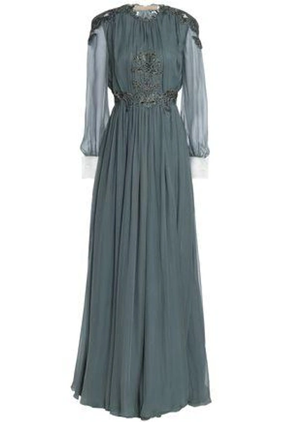 Shop Valentino Woman Open-back Embellished Silk-voile Gown Grey Green
