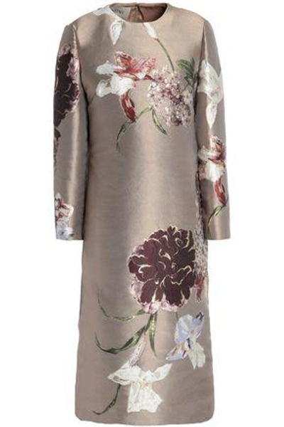 Shop Valentino Metallic Silk-blend Floral-jacquard Dress In Brass