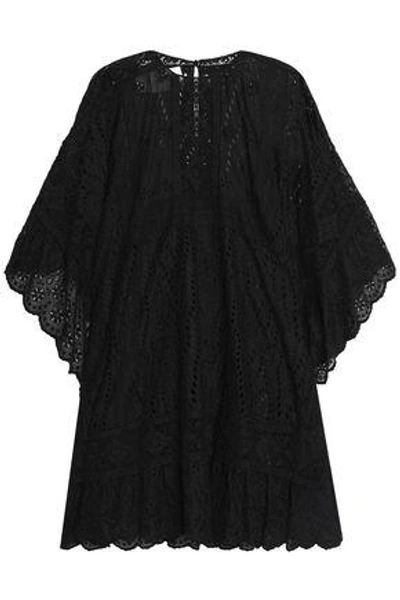 Shop Valentino Draped Broderie Anglaise Cotton-blend Mini Dress In Black