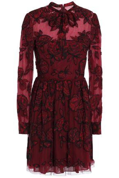Shop Valentino Embellished Pussy-bow Silk-tulle Mini Dress In Claret