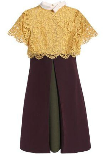 Shop Valentino Woman Corded Lace-paneled Wool And Silk-blend Mini Dress Yellow
