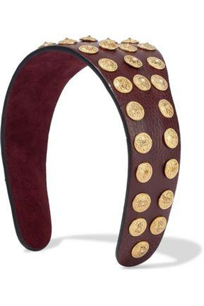 Shop Valentino Woman Studded Textured-leather Headband Burgundy