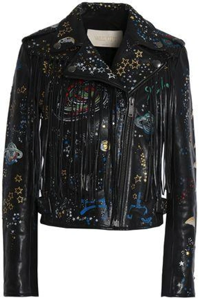Shop Valentino Fringed Printed Leather Jacket In Black