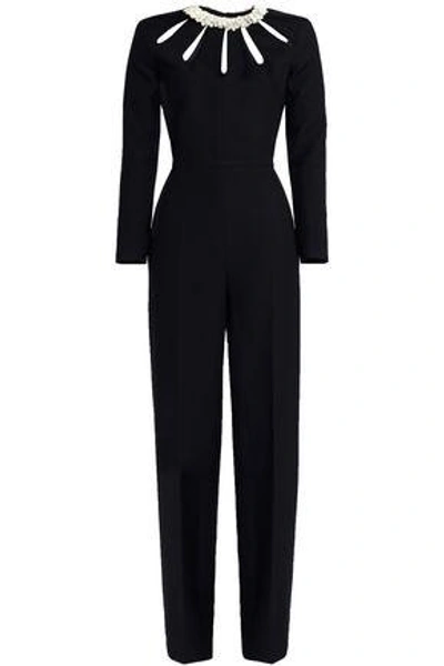 Shop Valentino Woman Cutout Floral-appliquéd Crepe Jumpsuit Black