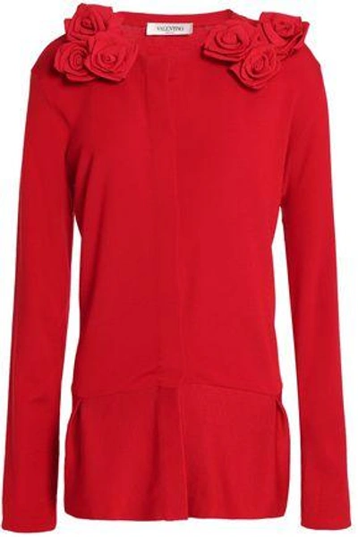 Shop Valentino Woman Floral-appliquéd Wool Peplum Cardigan Red